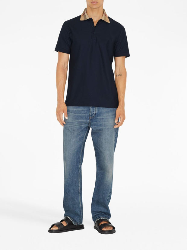 Burberry Check Collar Cotton Polo Shirt - Blue