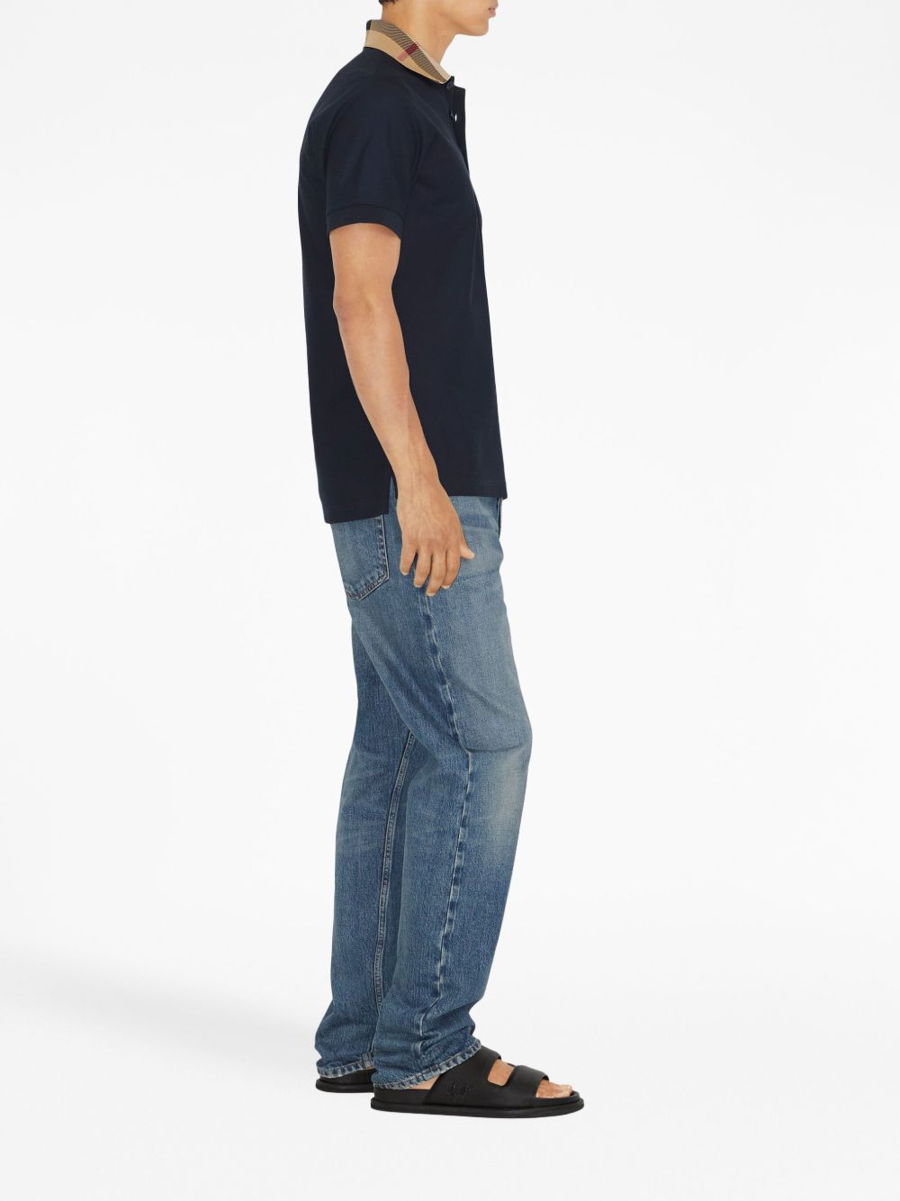 Burberry Check Collar Cotton Polo Shirt - Blue