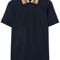 Burberry Check Collar Cotton Polo Shirt - Blue
