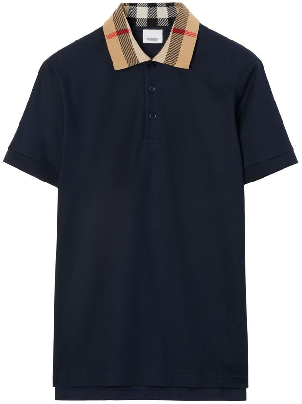 Burberry Check Collar Cotton Polo Shirt - Blue