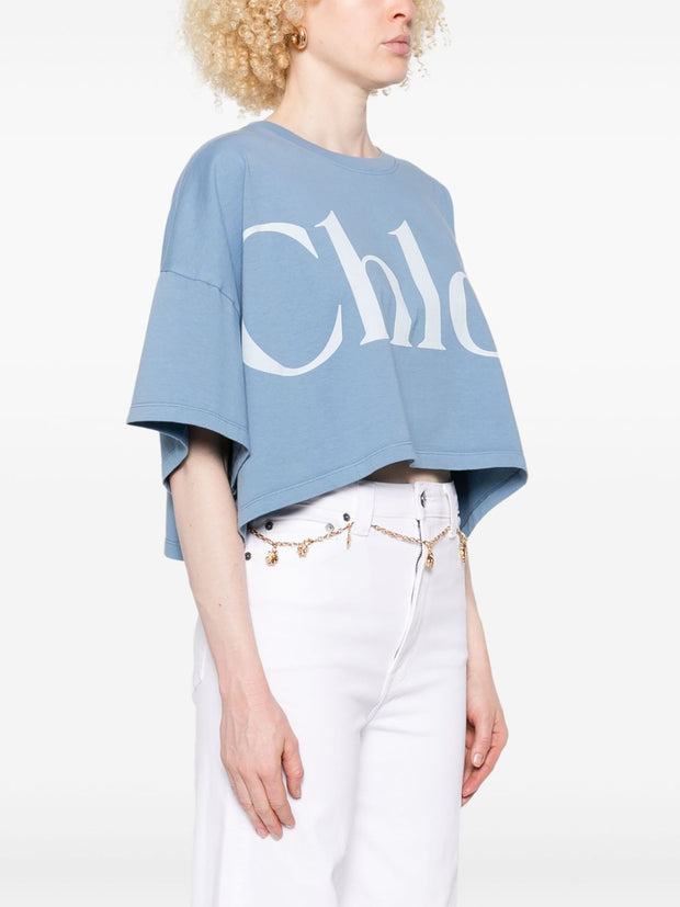 Chloé Chloè Logo Cotton Cropped T-shirt Clear Blue