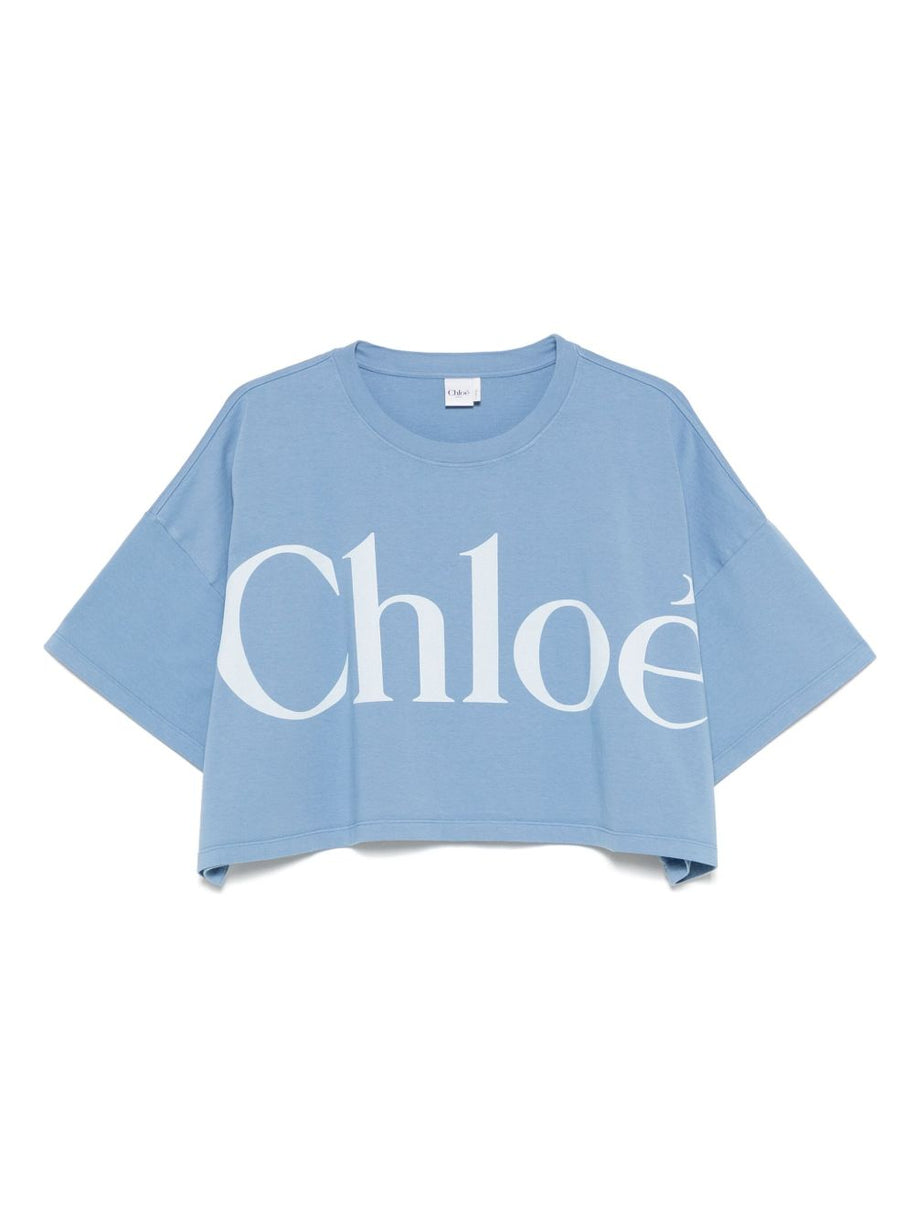 Chloé Chloè Logo Cotton Cropped T-shirt Clear Blue