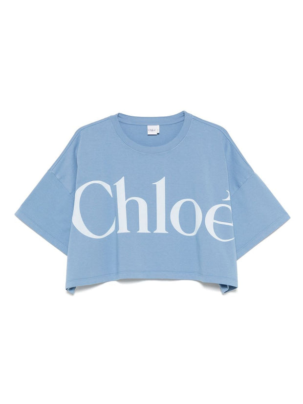 Chloé Chloè Logo Cotton Cropped T-shirt Clear Blue