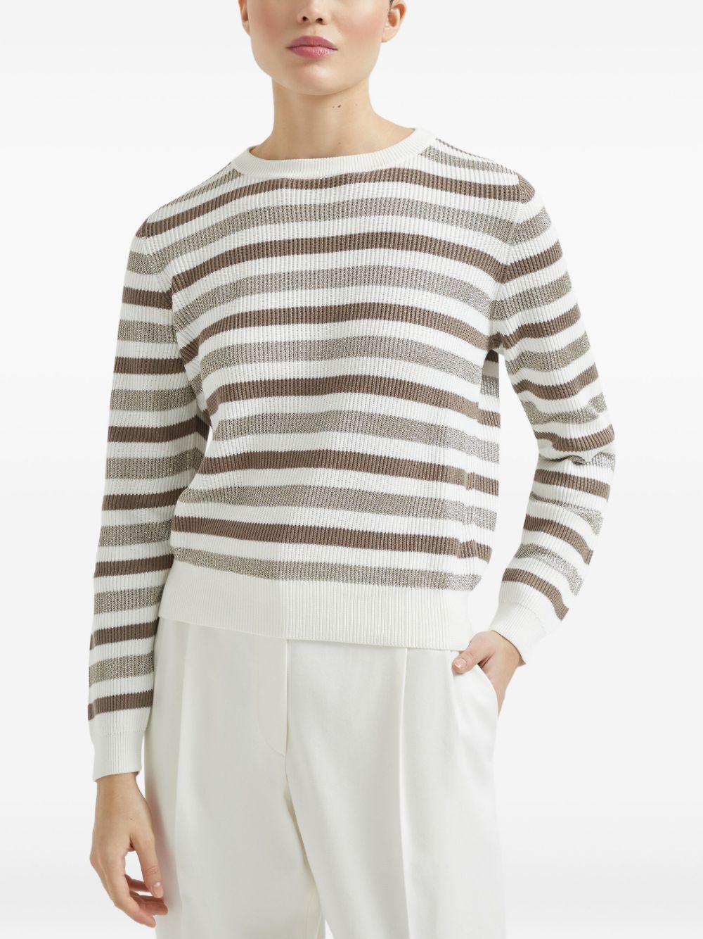 Brunello Cucinelli Striped Cotton Crewneck Sweater - Beige