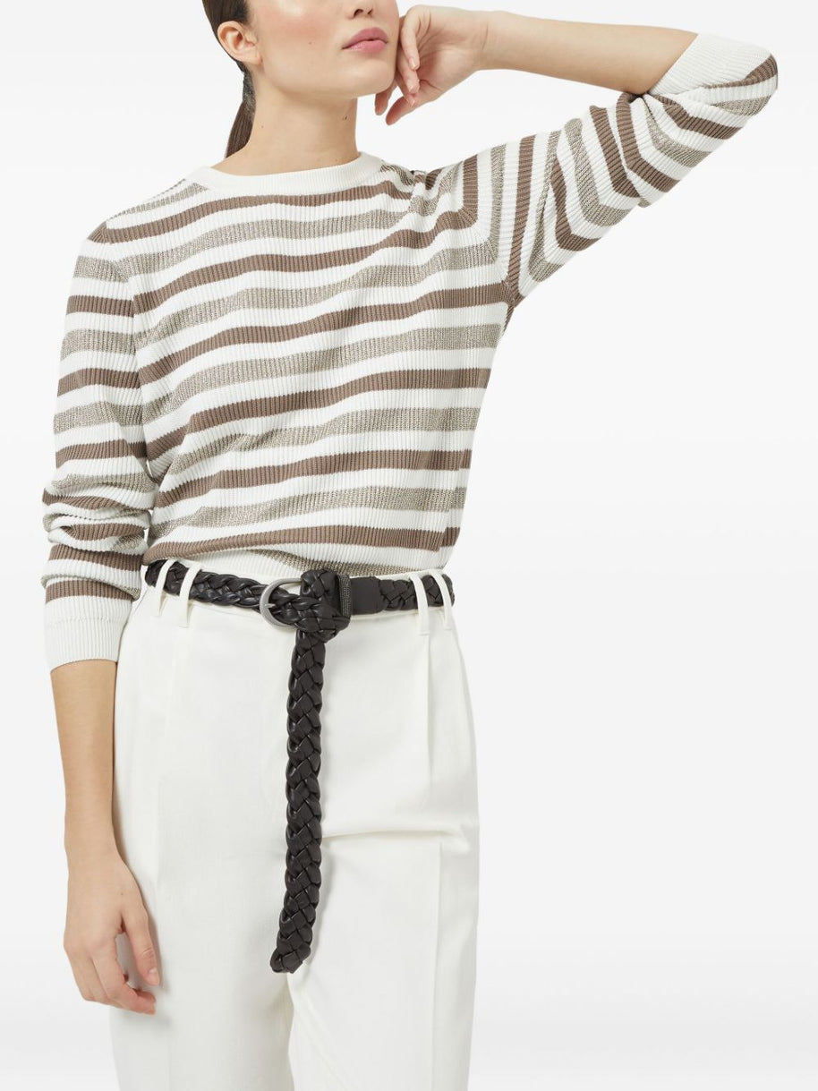 Brunello Cucinelli Striped Cotton Crewneck Sweater - Beige