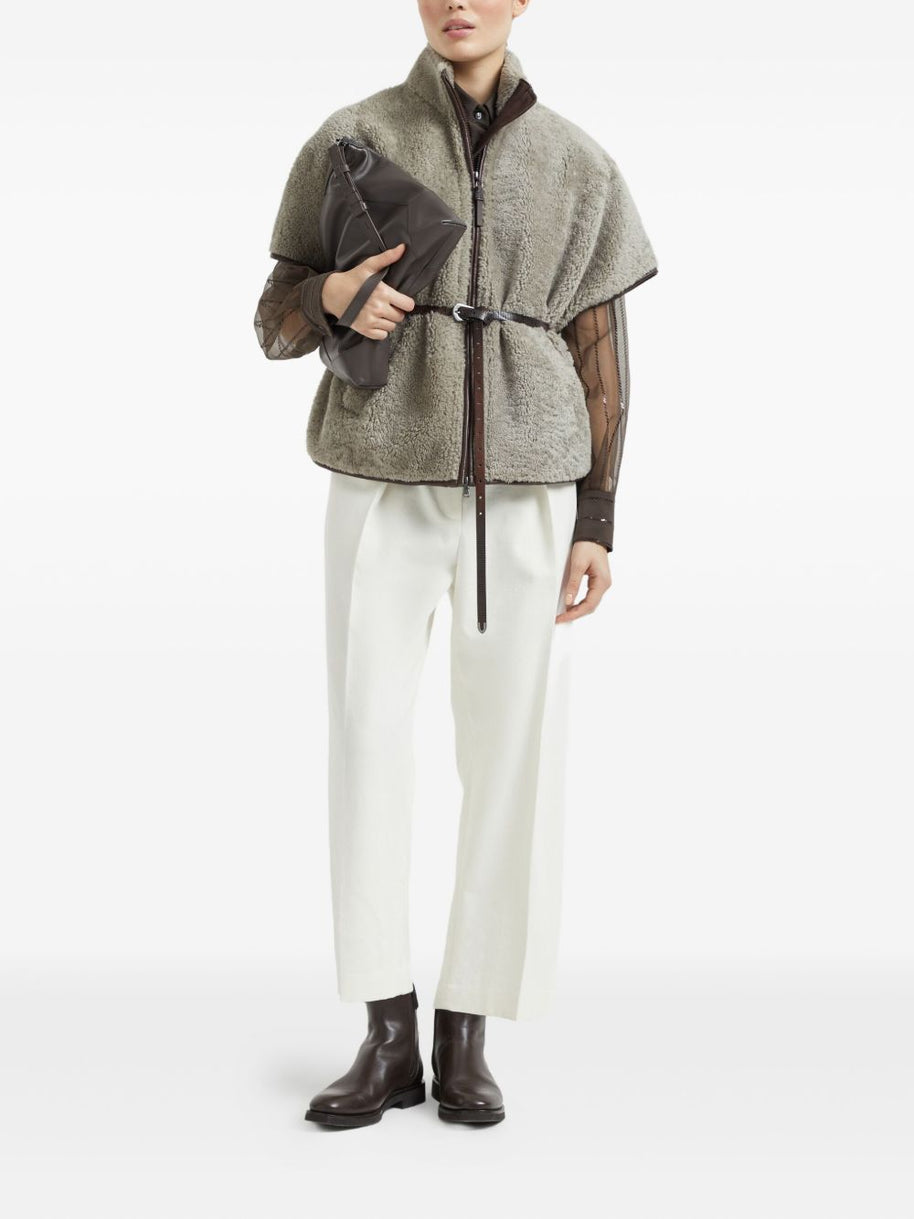 Brunello Cucinelli Curly Shearling Short Sleeve Outerwear With Shiny Zipper Pull