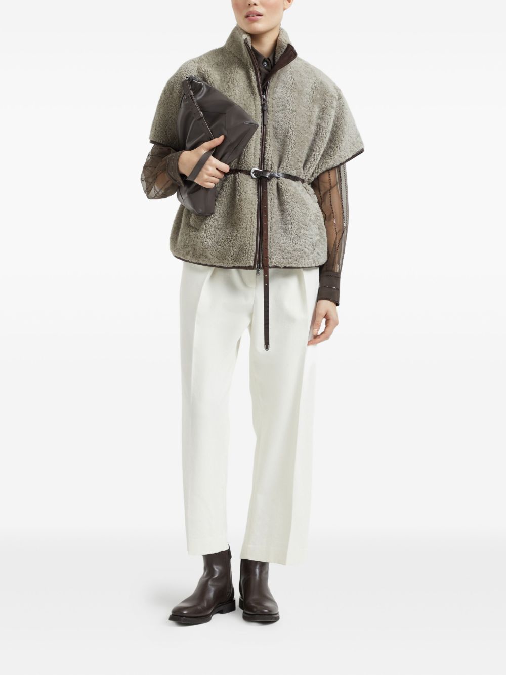 Brunello Cucinelli Curly Shearling Short Sleeve Outerwear With Shiny Zipper Pull
