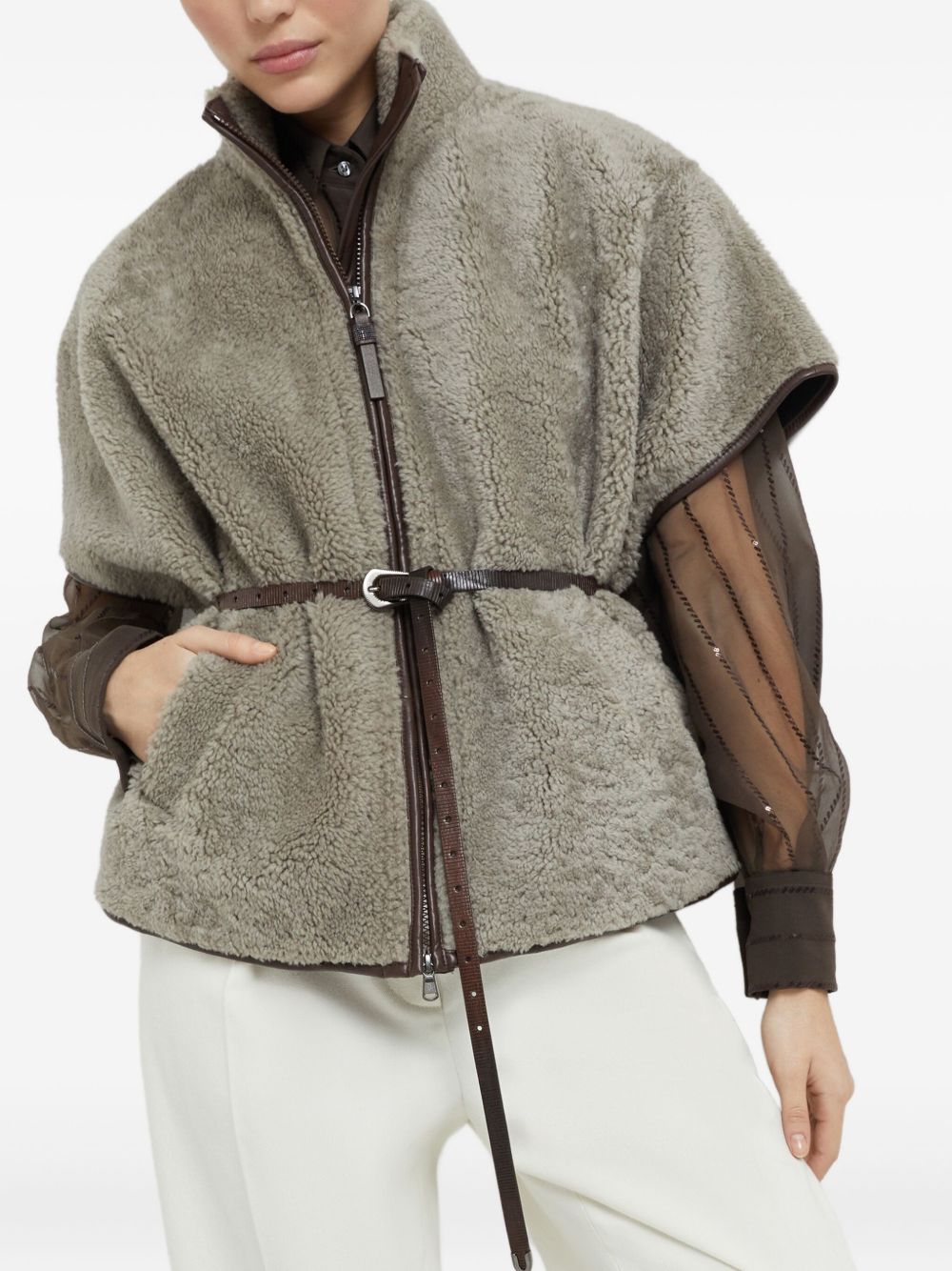 Brunello Cucinelli Curly Shearling Short Sleeve Outerwear With Shiny Zipper Pull