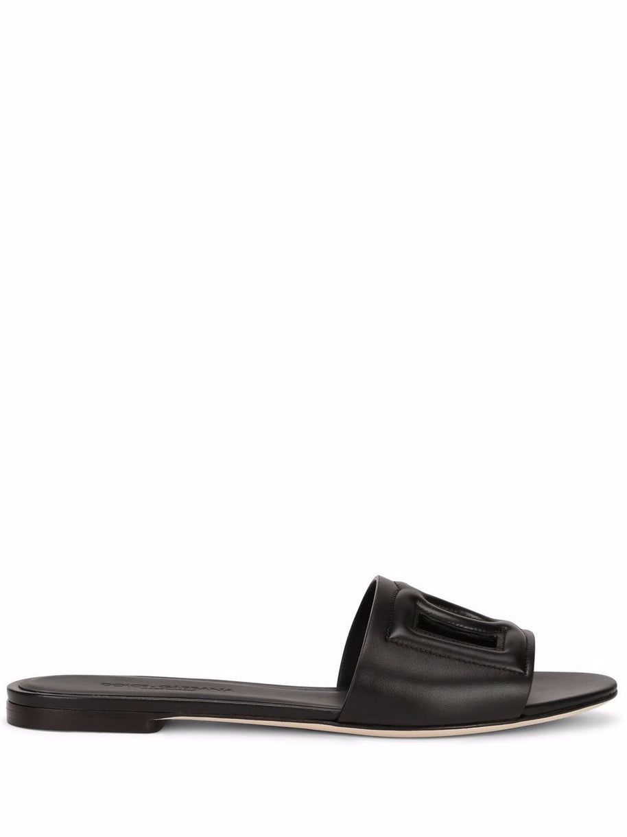 Dolce & Gabbana DG Logo Leather Flat Sandals - Black