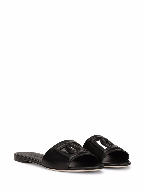 Dolce & Gabbana DG Logo Leather Flat Sandals - Black