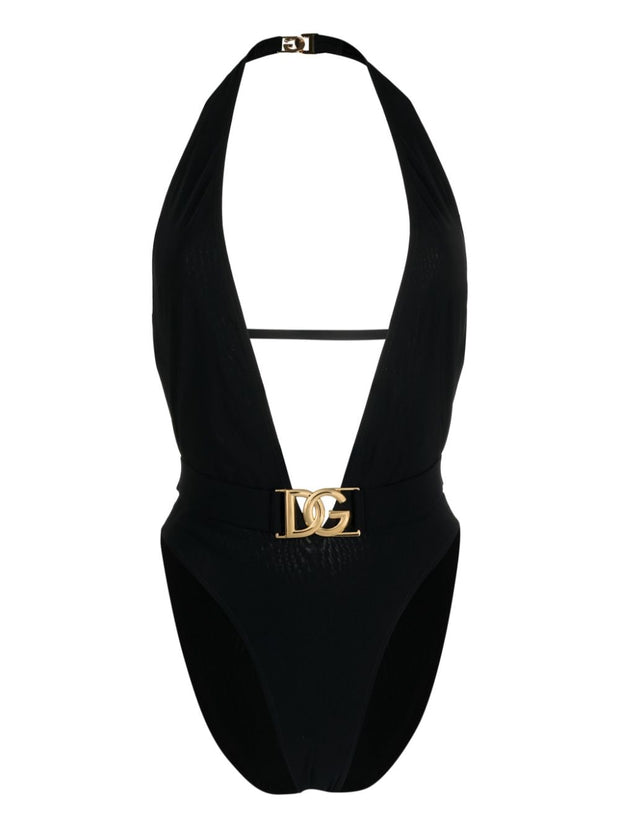 Dolce & Gabbana DG Deep V-neck One-piece Swimsuit - Black