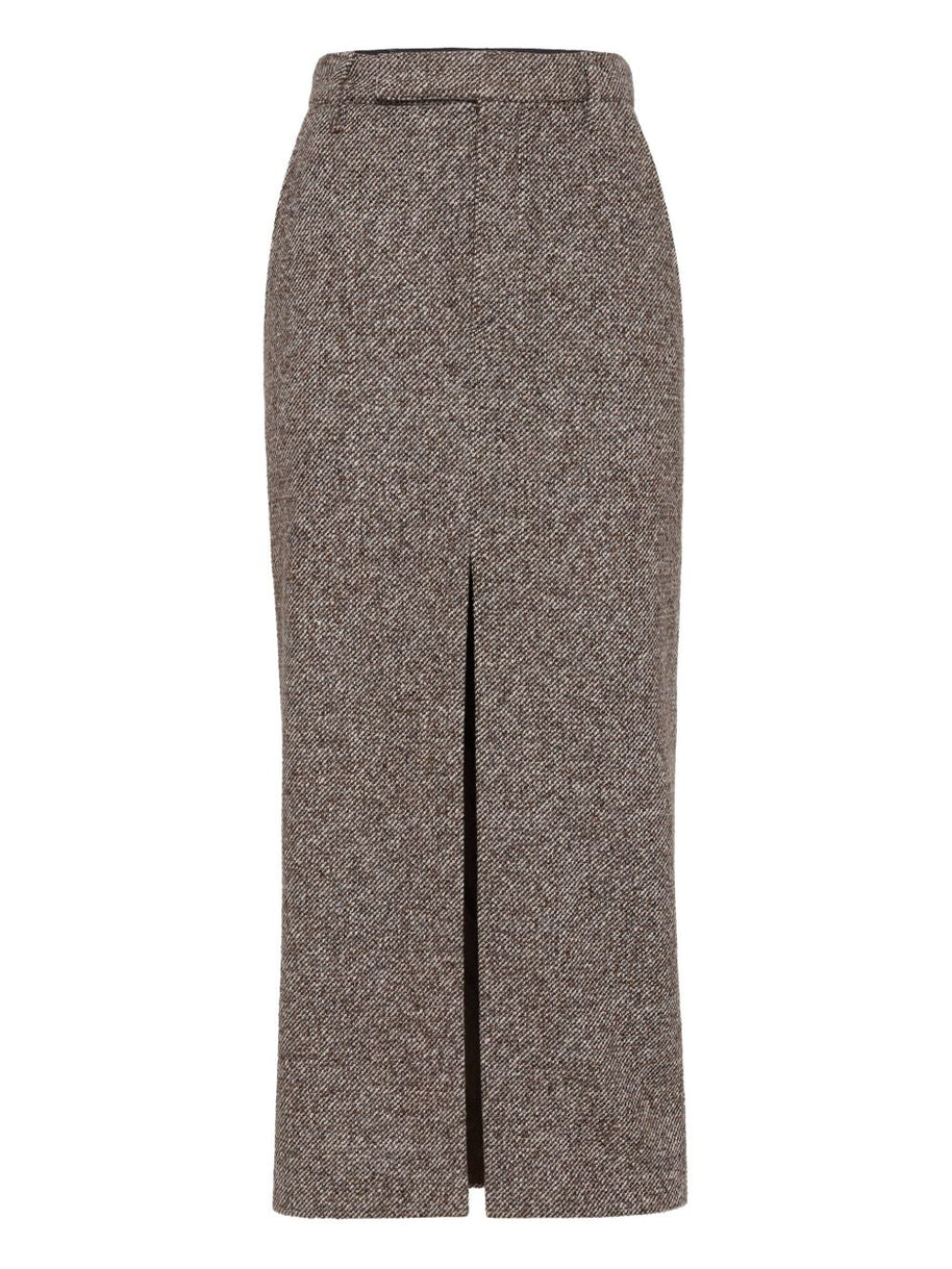 Brunello Cucinelli Virgin Wool And Silk Mélange Diagonal Sartorial Pencil Skirt With Monili