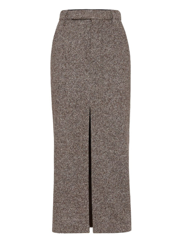 Brunello Cucinelli Virgin Wool And Silk Mélange Diagonal Sartorial Pencil Skirt With Monili