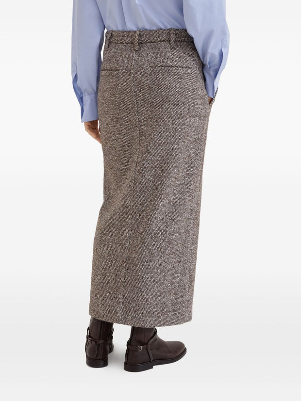 Brunello Cucinelli Virgin Wool And Silk Mélange Diagonal Sartorial Pencil Skirt With Monili