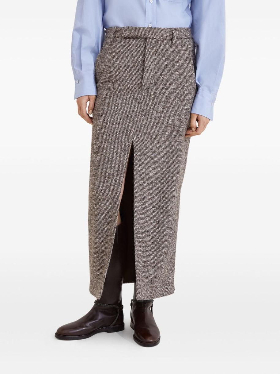 Brunello Cucinelli Virgin Wool And Silk Mélange Diagonal Sartorial Pencil Skirt With Monili
