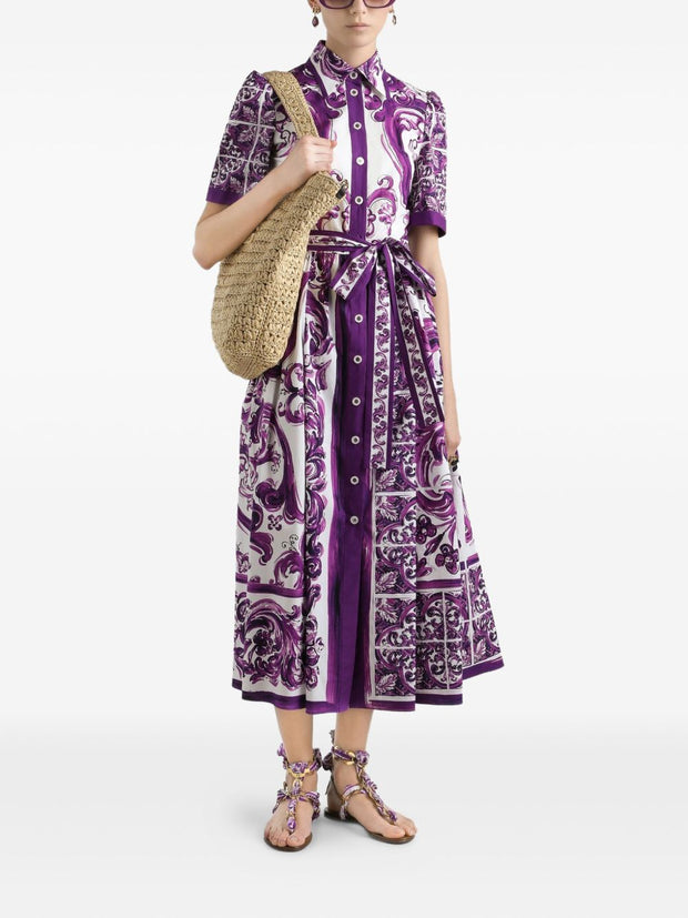 Dolce & Gabbana Maiolica Print Cotton Shirtdress - Purple