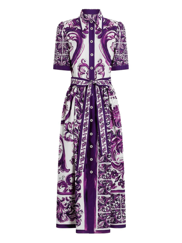 Dolce & Gabbana Maiolica Print Cotton Shirtdress - Purple