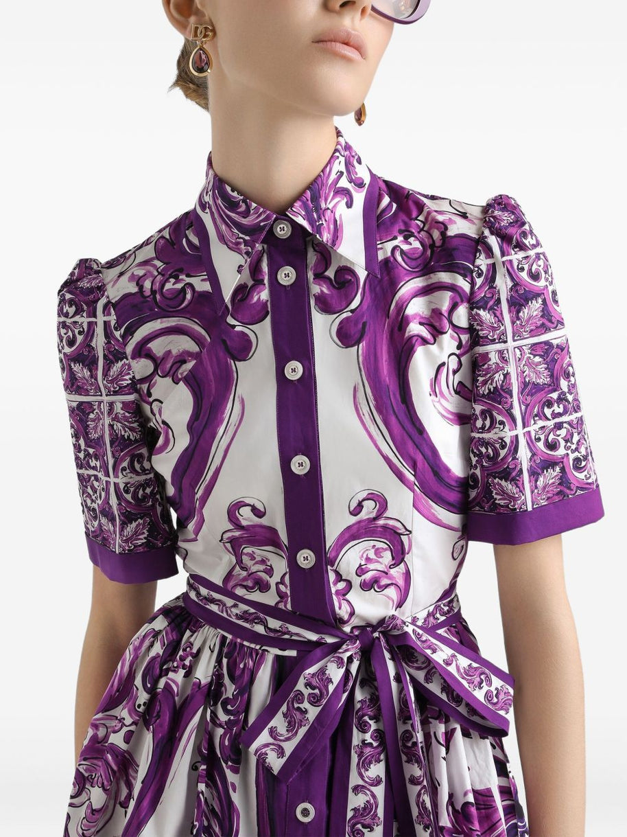 Dolce & Gabbana Maiolica Print Cotton Shirtdress Purple