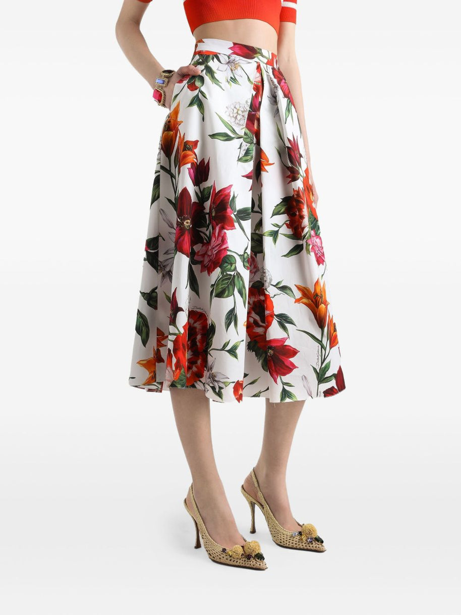 Dolce & Gabbana Flower-print Pleated Poplin Skirt