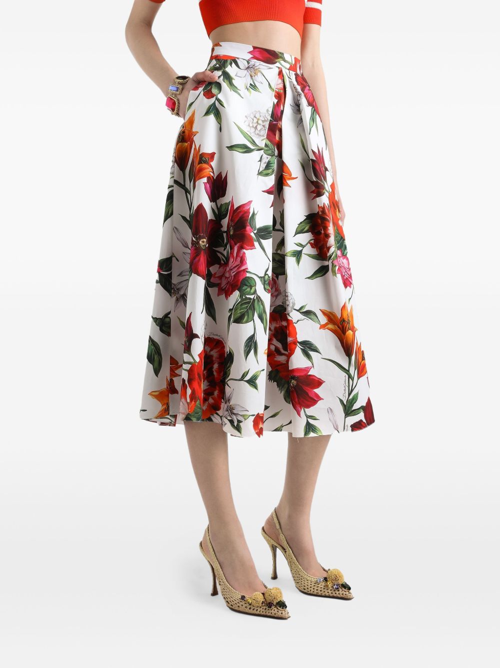 Dolce & Gabbana Flower-print Pleated Poplin Skirt