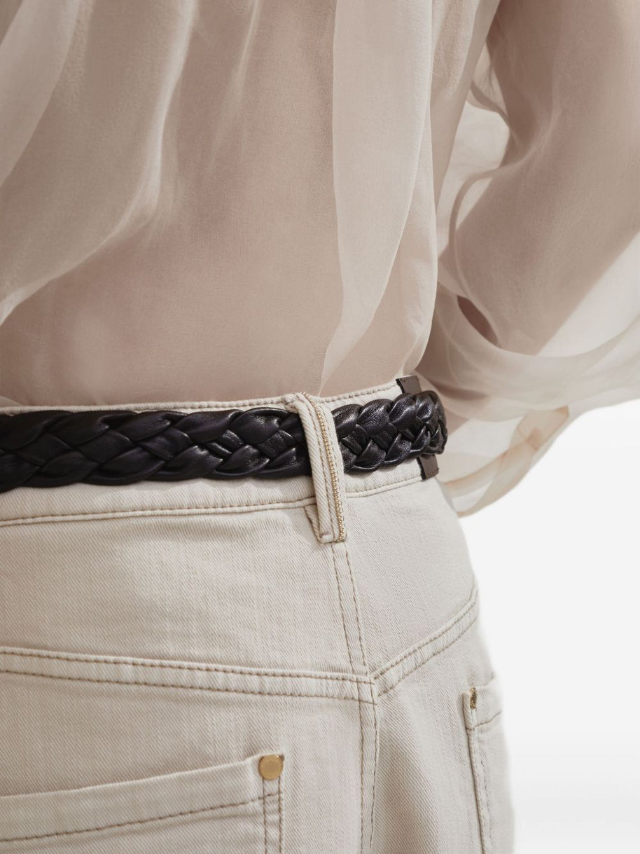 Brunello Cucinelli Stretch Dyed Denim Loose Barrel Trousers With Monili