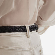 Brunello Cucinelli Stretch Dyed Denim Loose Barrel Trousers With Monili