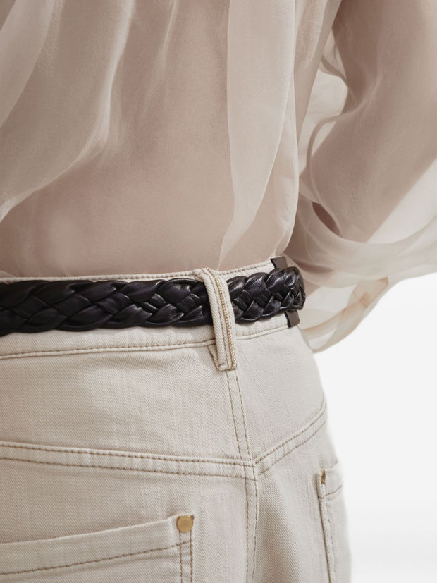 Brunello Cucinelli Stretch Dyed Denim Loose Barrel Trousers With Monili