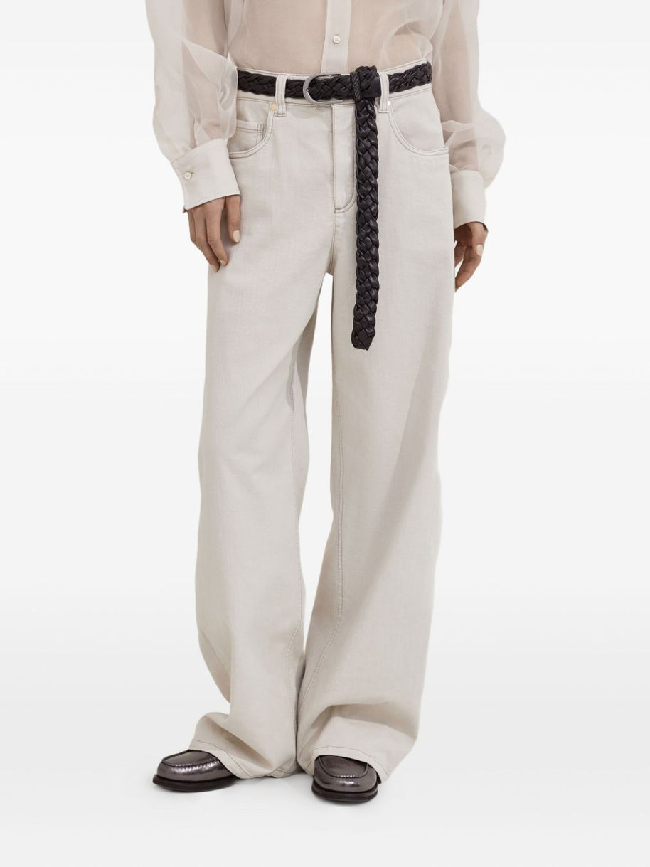 Brunello Cucinelli Stretch Dyed Denim Loose Barrel Trousers With Monili
