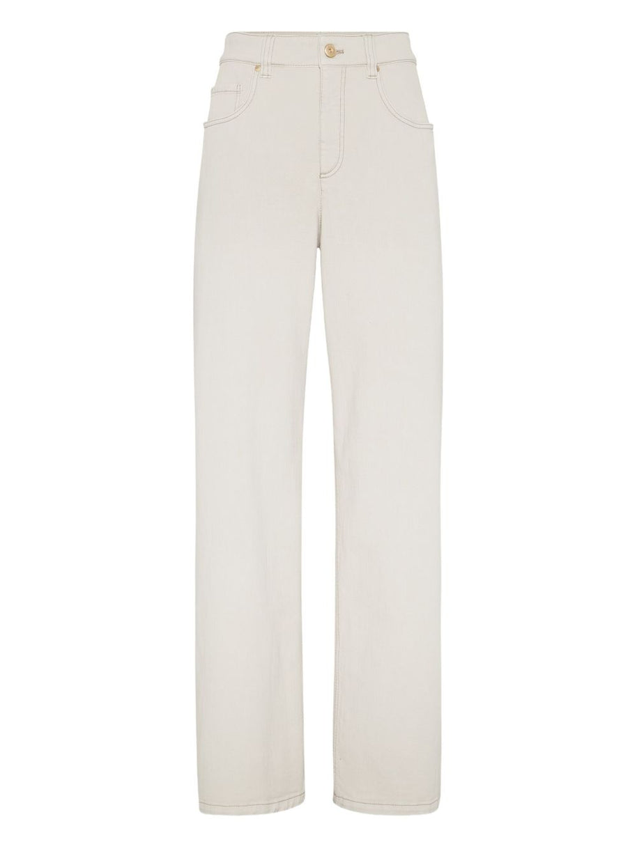 Brunello Cucinelli Stretch Dyed Denim Loose Barrel Trousers With Monili