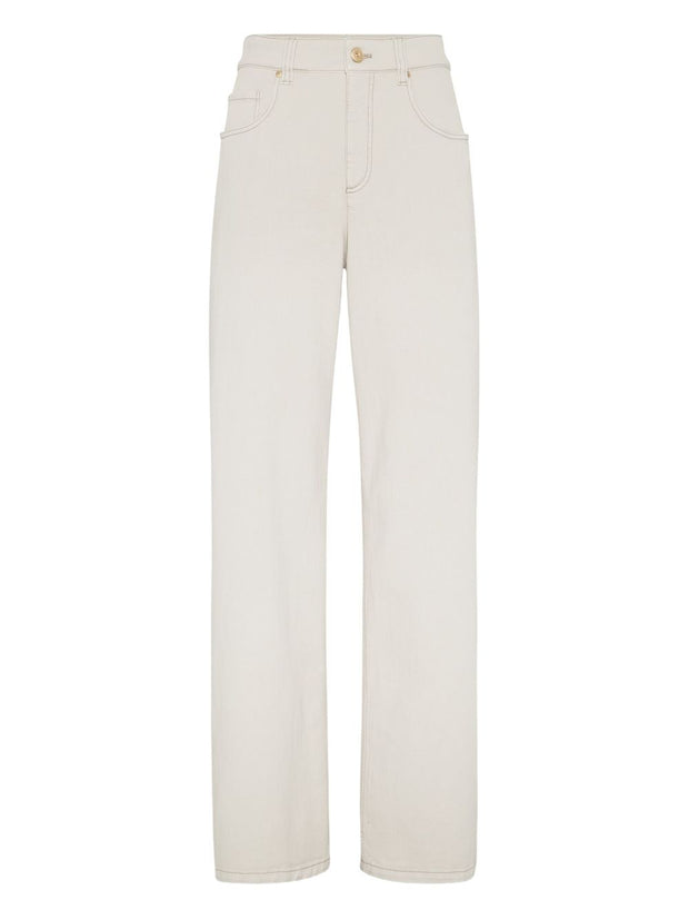 Brunello Cucinelli Stretch Dyed Denim Loose Barrel Trousers With Monili