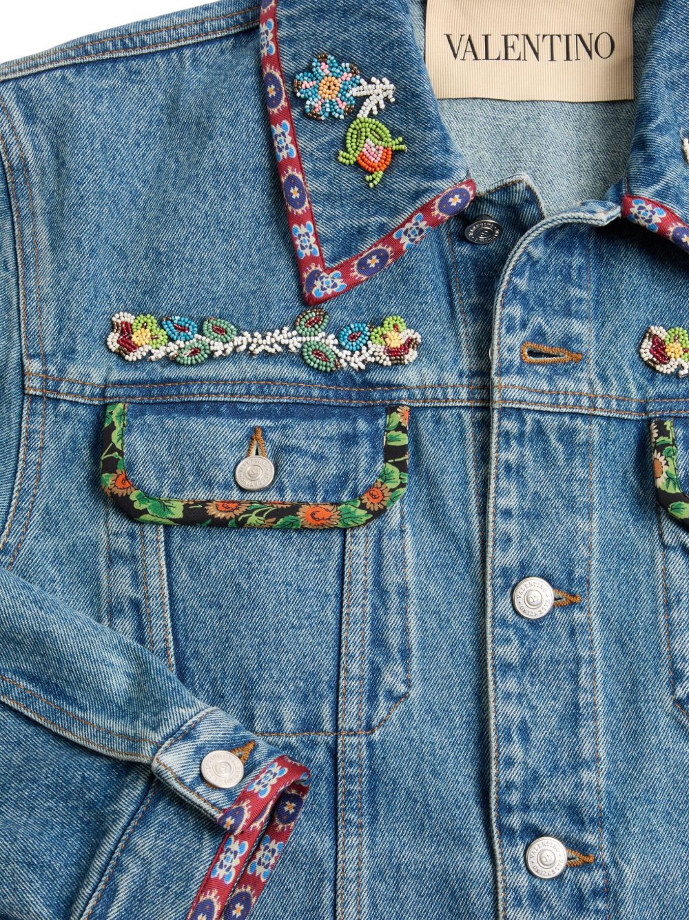 Valentino Bead-Embellished Floral-Trimmed Denim Jacket