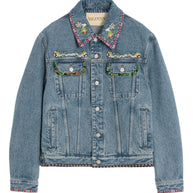 Valentino Bead-Embellished Floral-Trimmed Denim Jacket