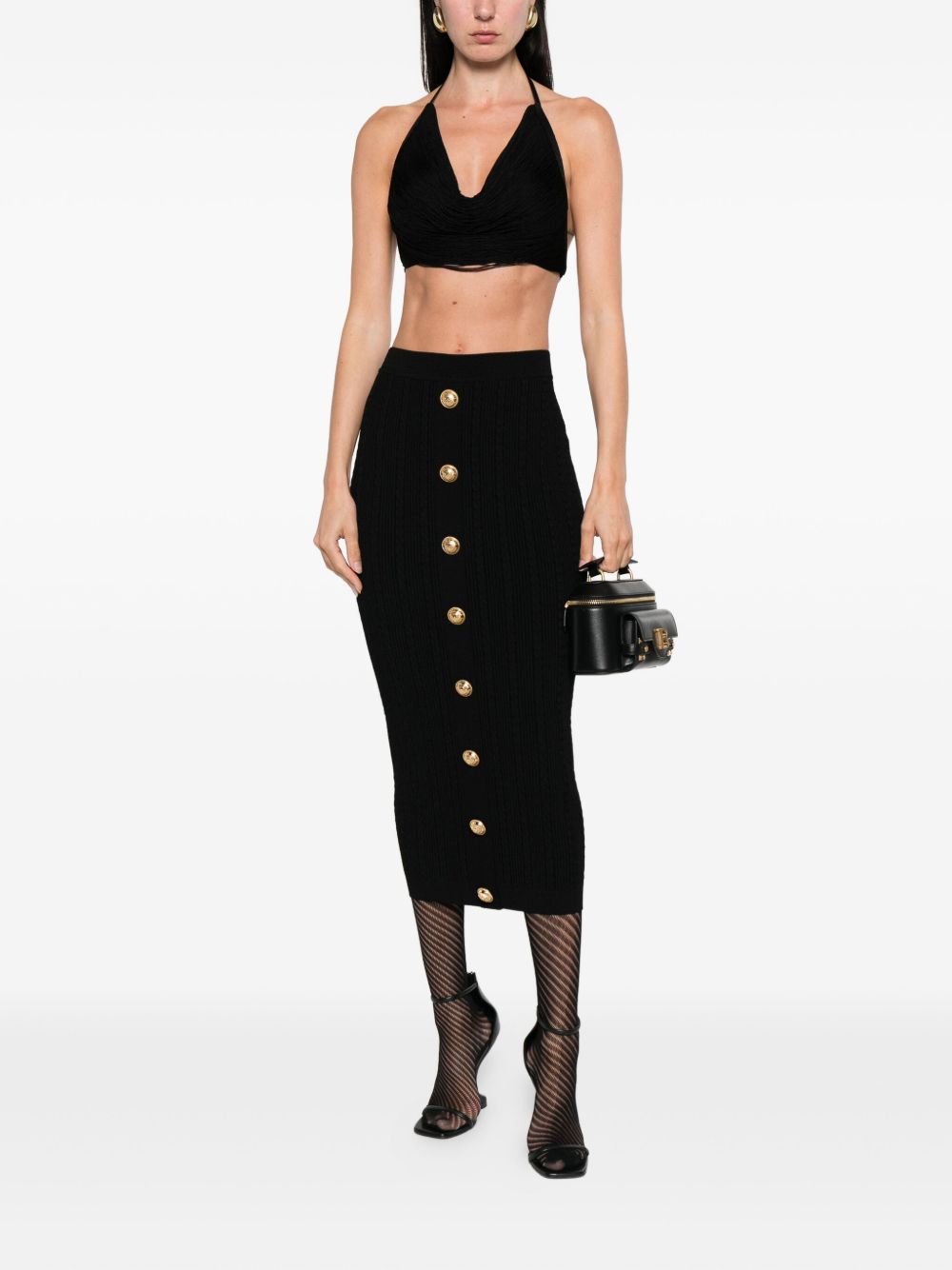 Balmain Cable-knit Button-front Midi Fitted Skirt
