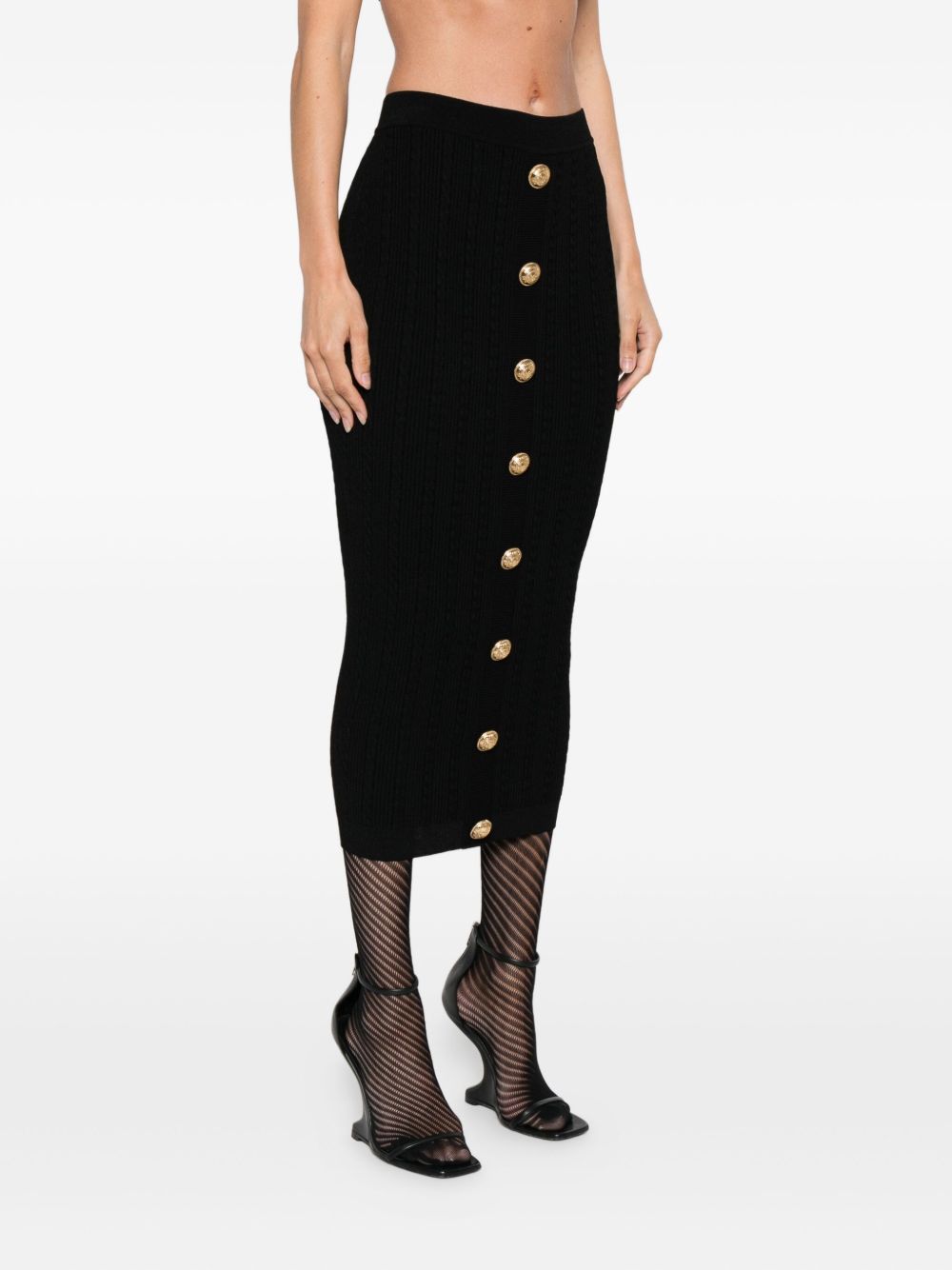 Balmain Cable-knit Button-front Midi Fitted Skirt