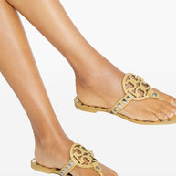 Tory Burch Studded Miller Leather Flat Sandals - Beige