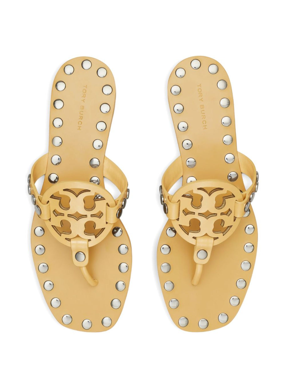 Tory Burch Studded Miller Leather Flat Sandals - Beige