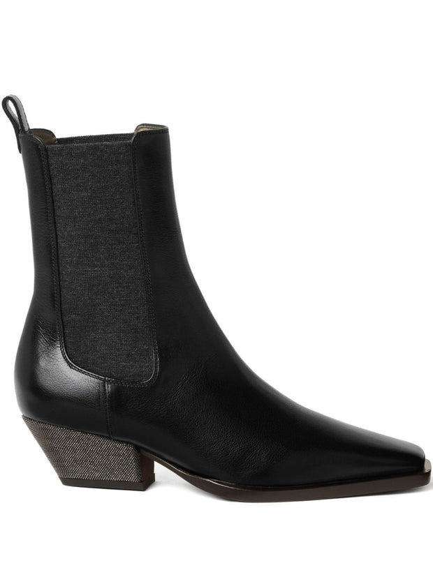 Brunello Cucinelli Classic Leather Chelsea Boot With Precious Block Heels