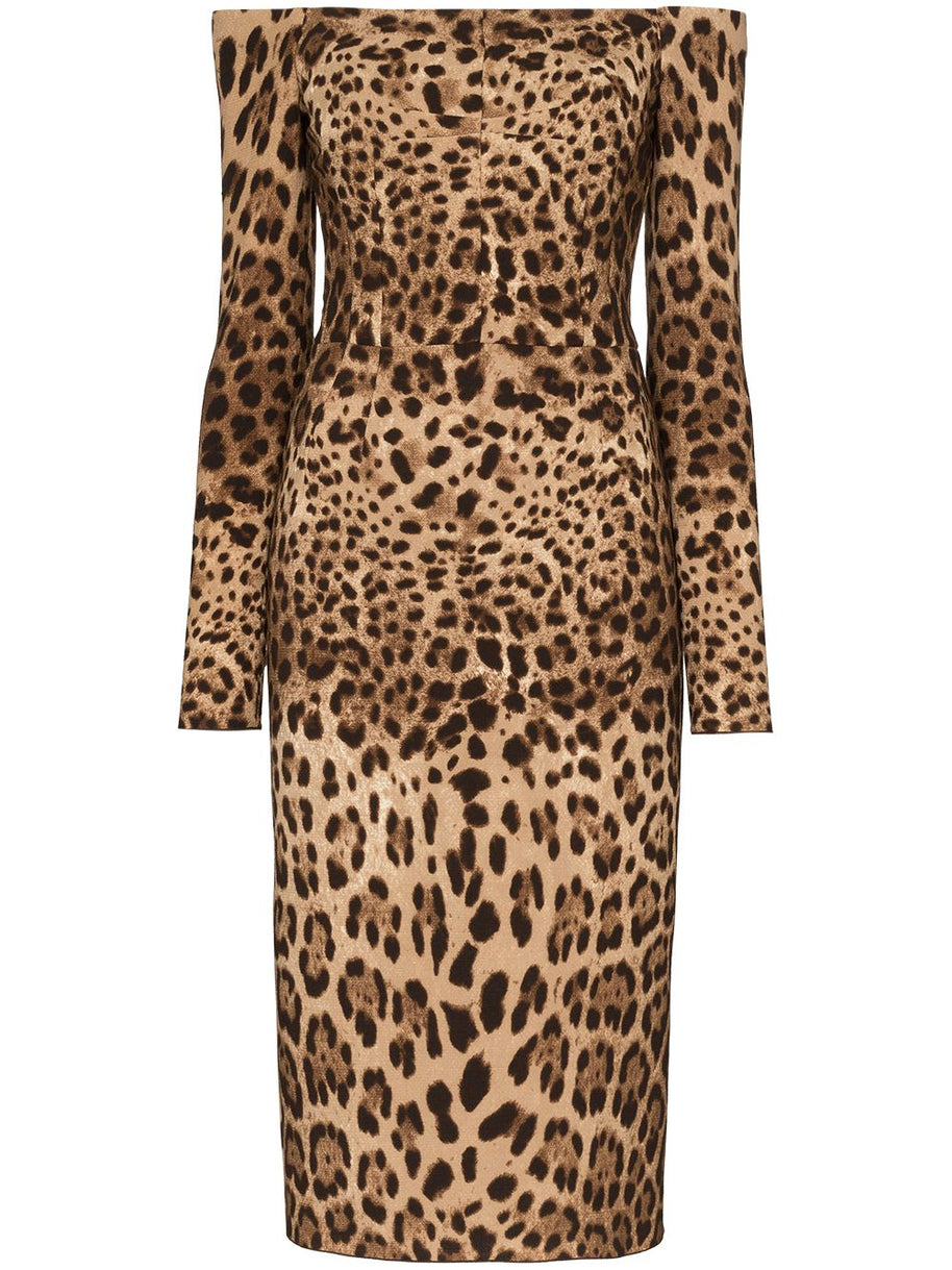 Dolce & Gabbana Off-the-shoulder Leopard Print Midi Dress
