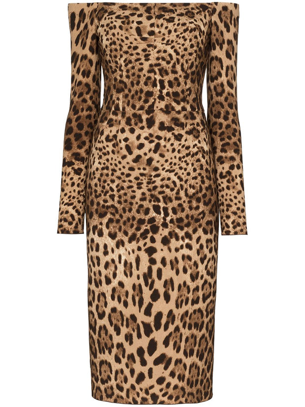 Dolce & Gabbana Off-the-shoulder Leopard Print Midi Dress