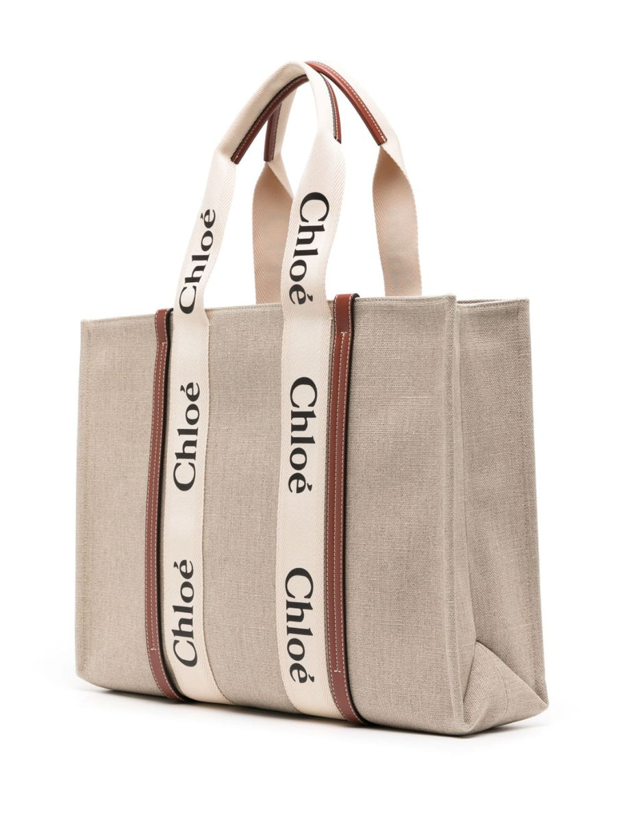 Chloé Woody Large Canvas Tote Bag Beige