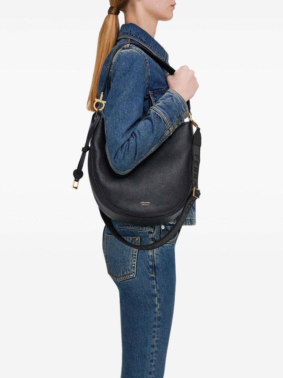 Ferragamo Medium Leather Hobo Bag - Black