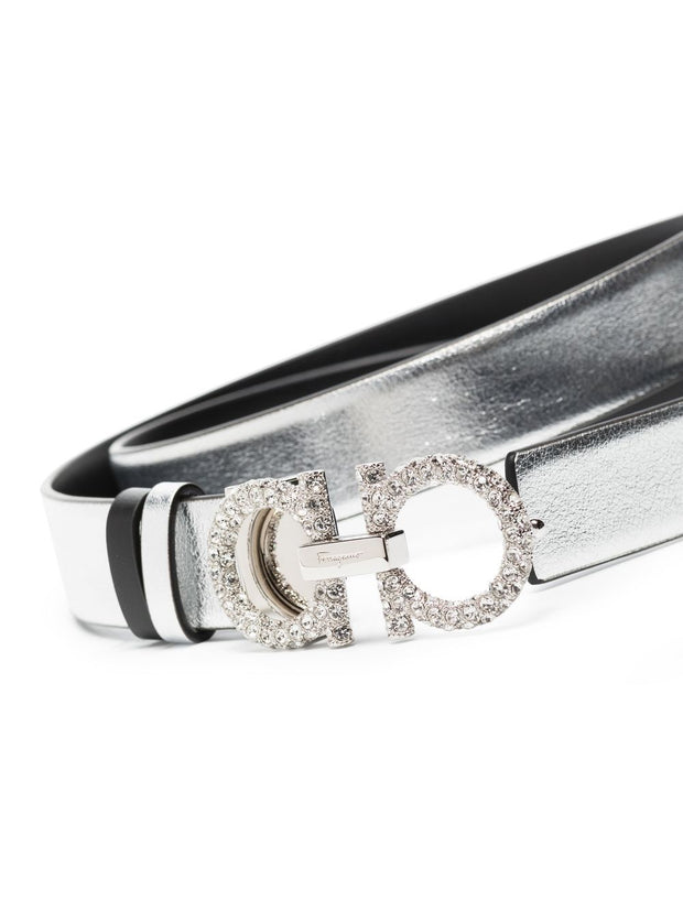 Ferragamo Gancini Strass Leather Belt - Silver
