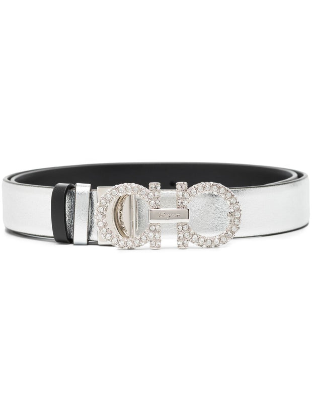 Ferragamo Gancini Strass Leather Belt - Silver