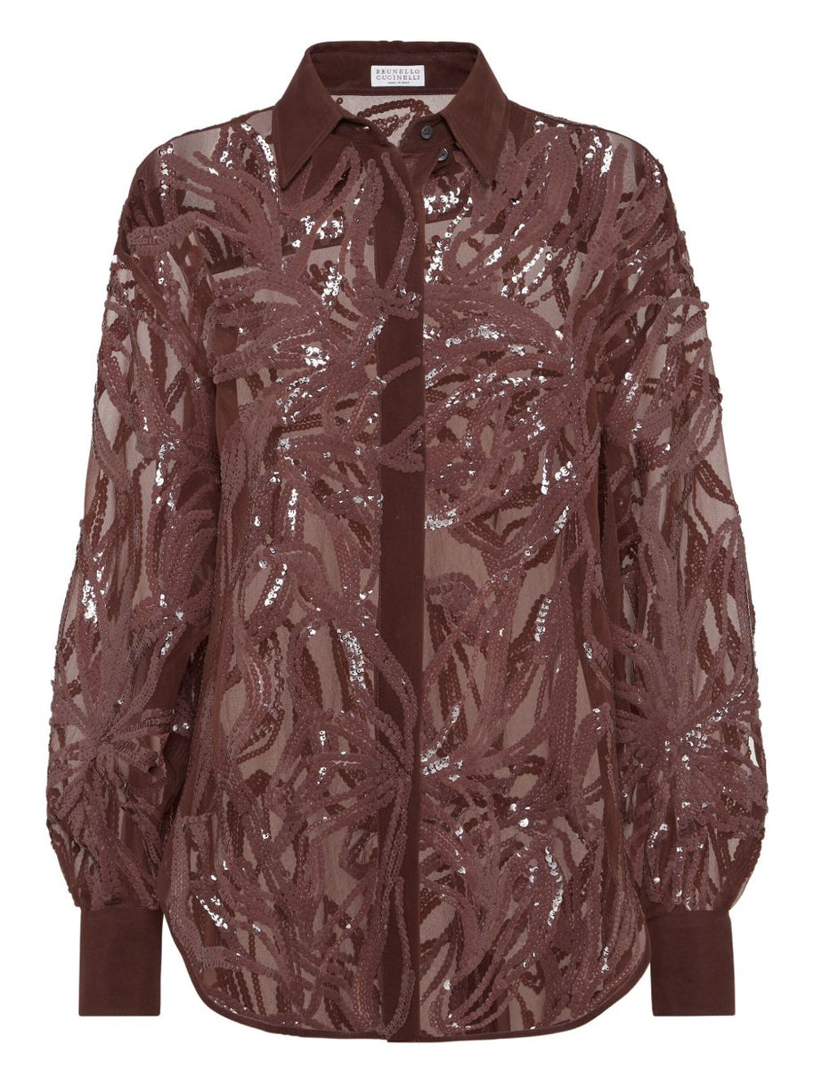Brunello Cucinelli Crispy Silk Shirt With Dazzling Floral Embroidery