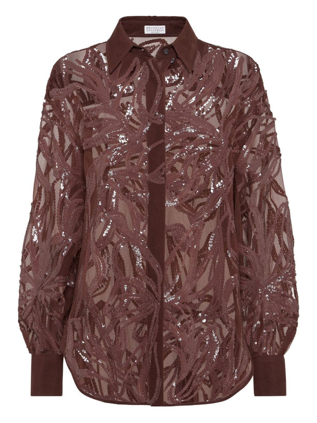 Brunello Cucinelli Crispy Silk Shirt With Dazzling Floral Embroidery