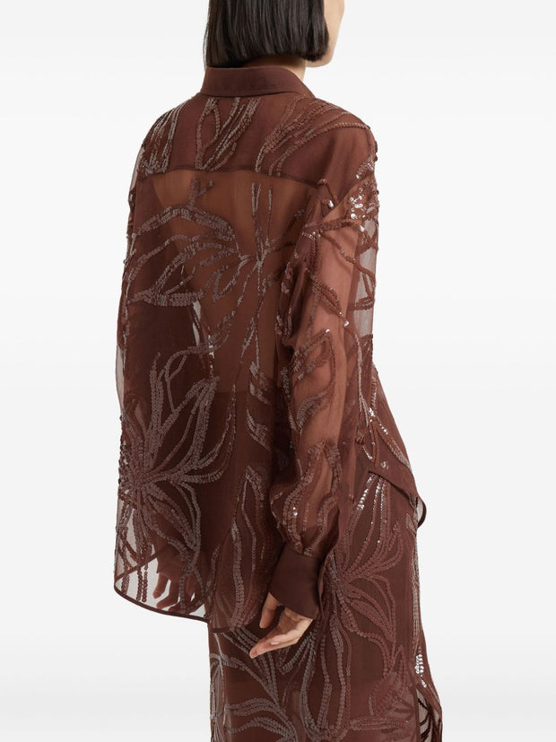 Brunello Cucinelli Crispy Silk Shirt With Dazzling Floral Embroidery