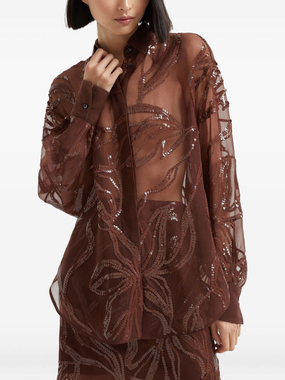 Brunello Cucinelli Crispy Silk Shirt With Dazzling Floral Embroidery