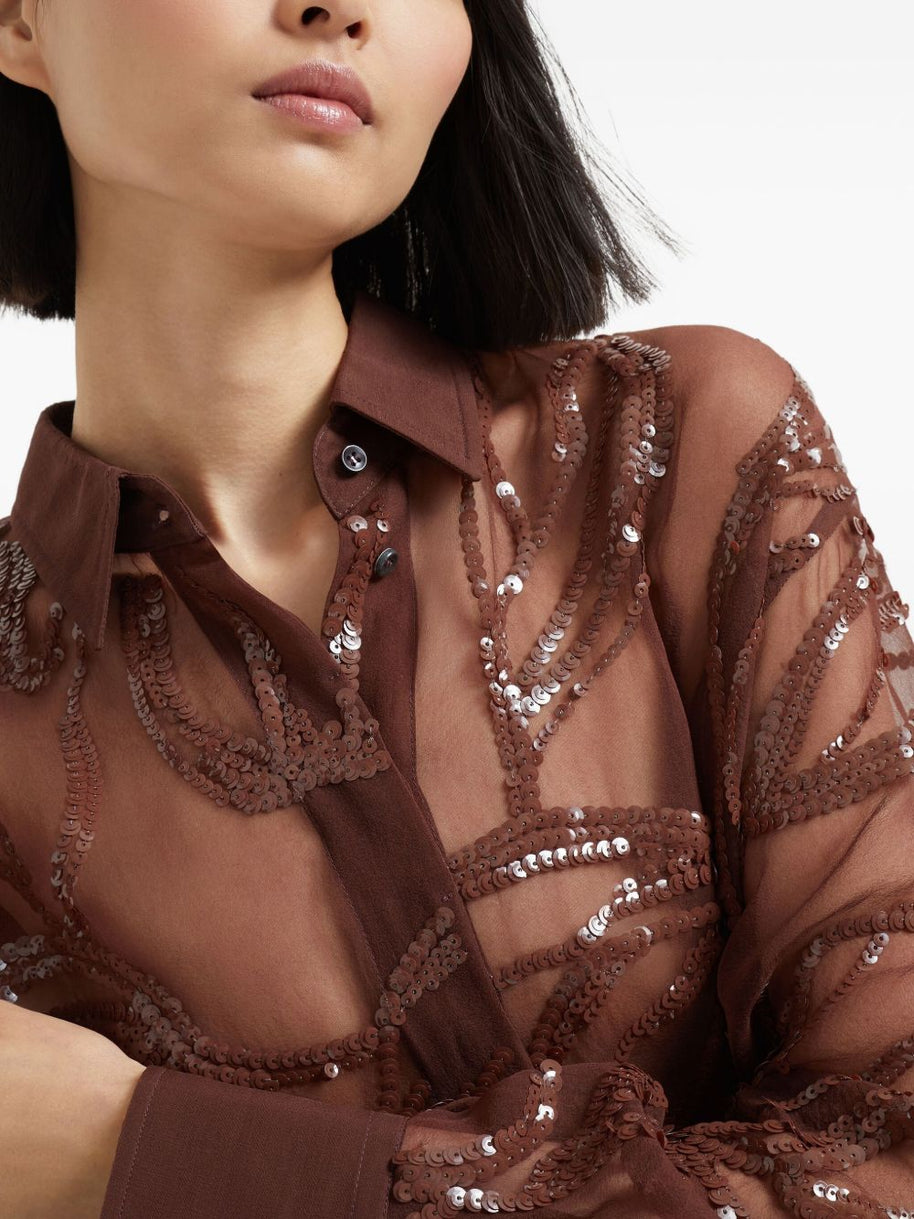 Brunello Cucinelli Crispy Silk Shirt With Dazzling Floral Embroidery
