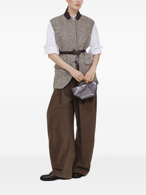Brunello Cucinelli Wool And Leather Buttoned Vest Beige