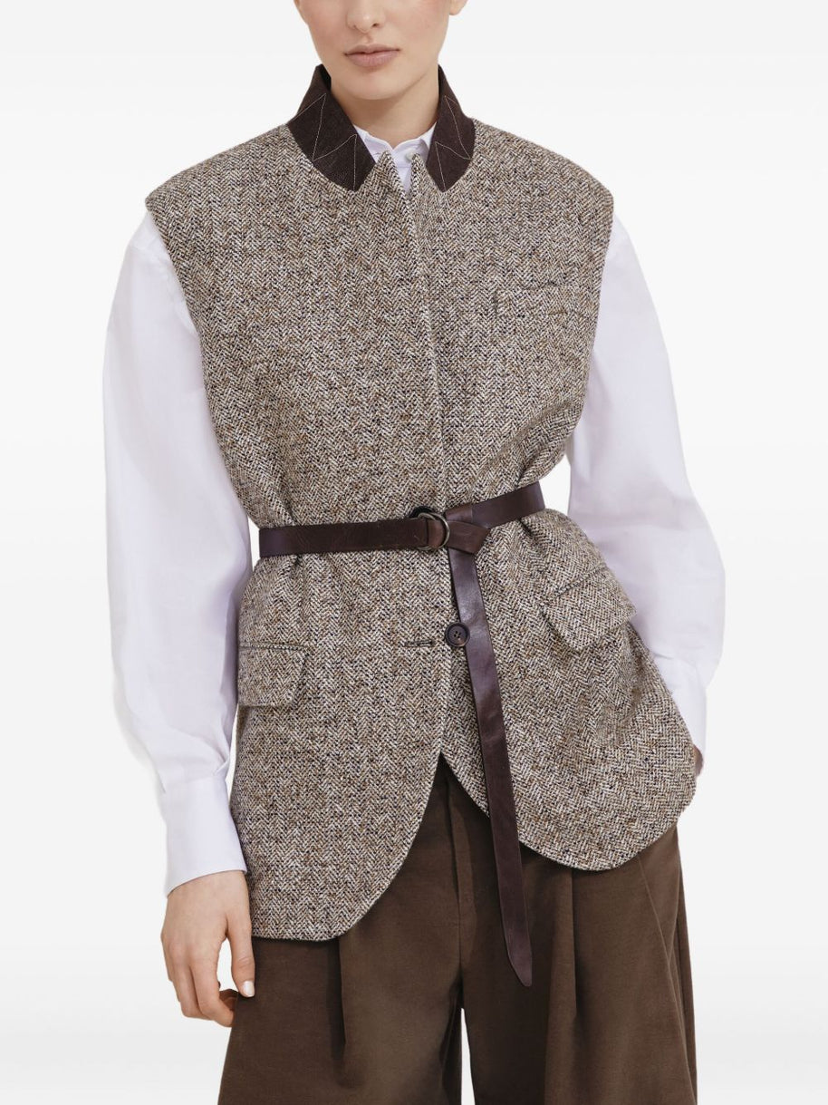 Brunello Cucinelli Wool And Leather Buttoned Vest Beige